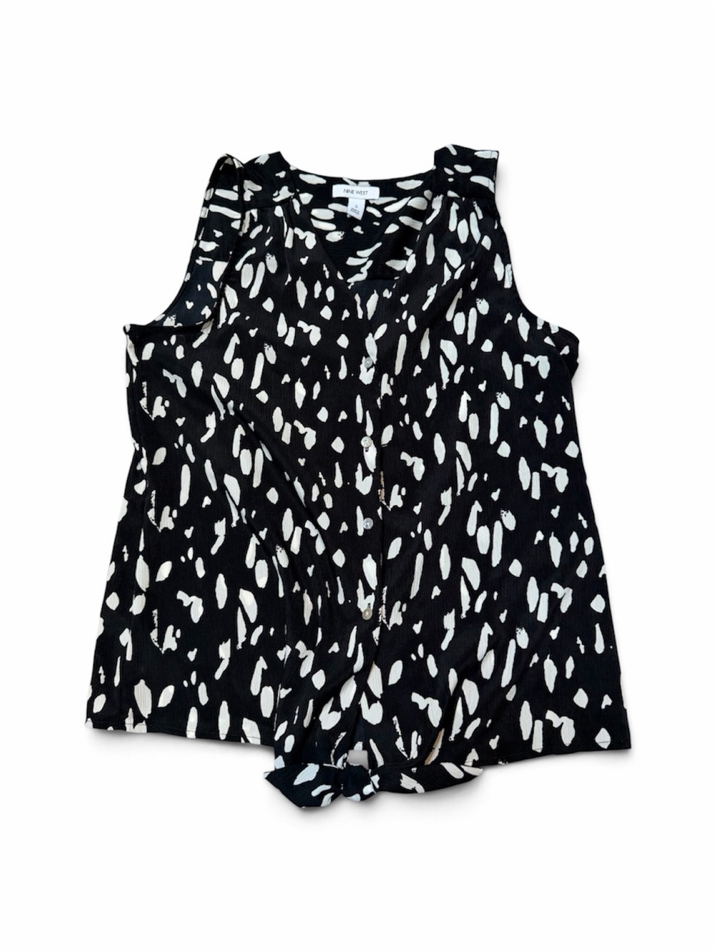 Nine West Black and White Sleeveless Button-Front Tie Hem Top